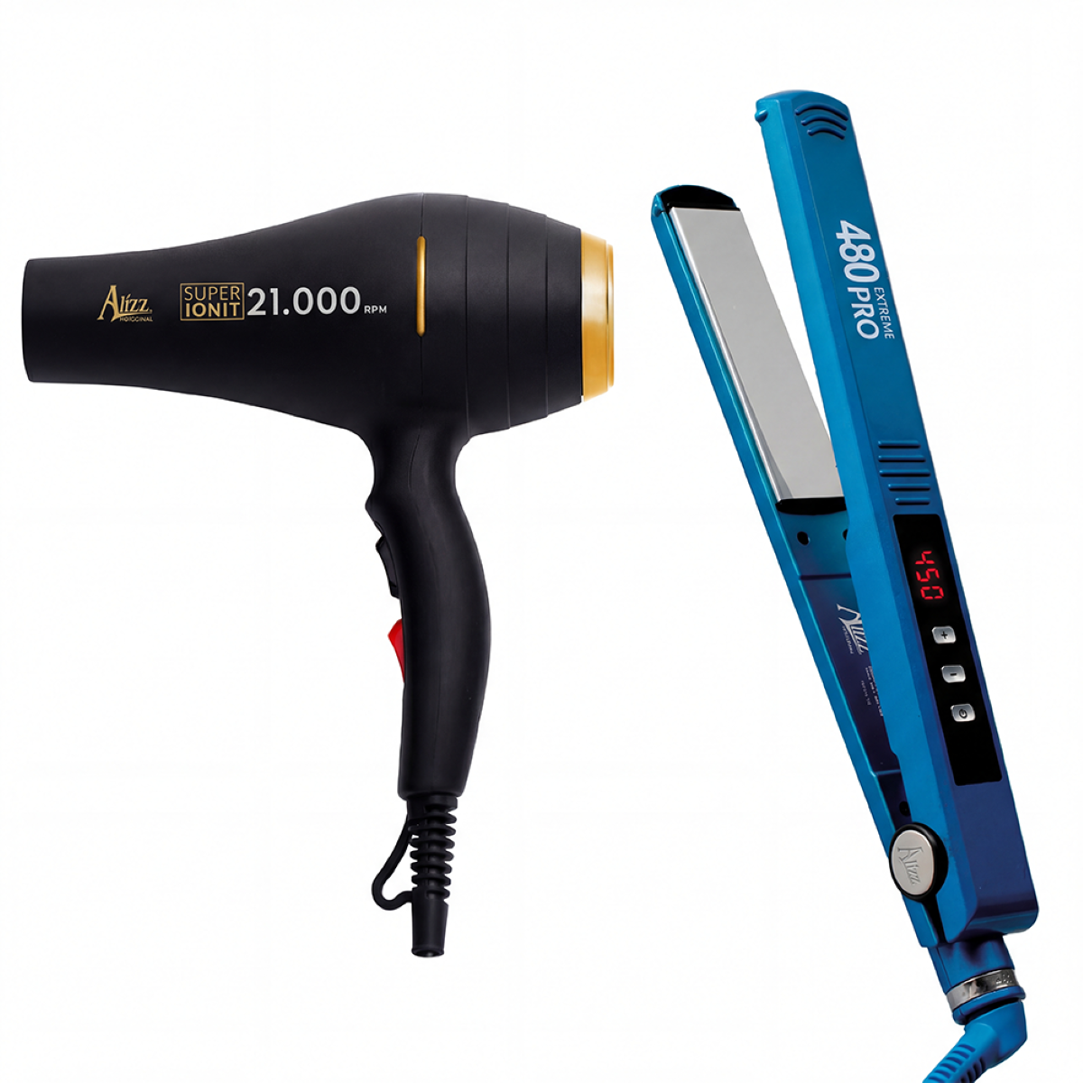 Combo ALIZZ Plancha Cabello 480 Extrem Azul + Secador Super Ionit Negro