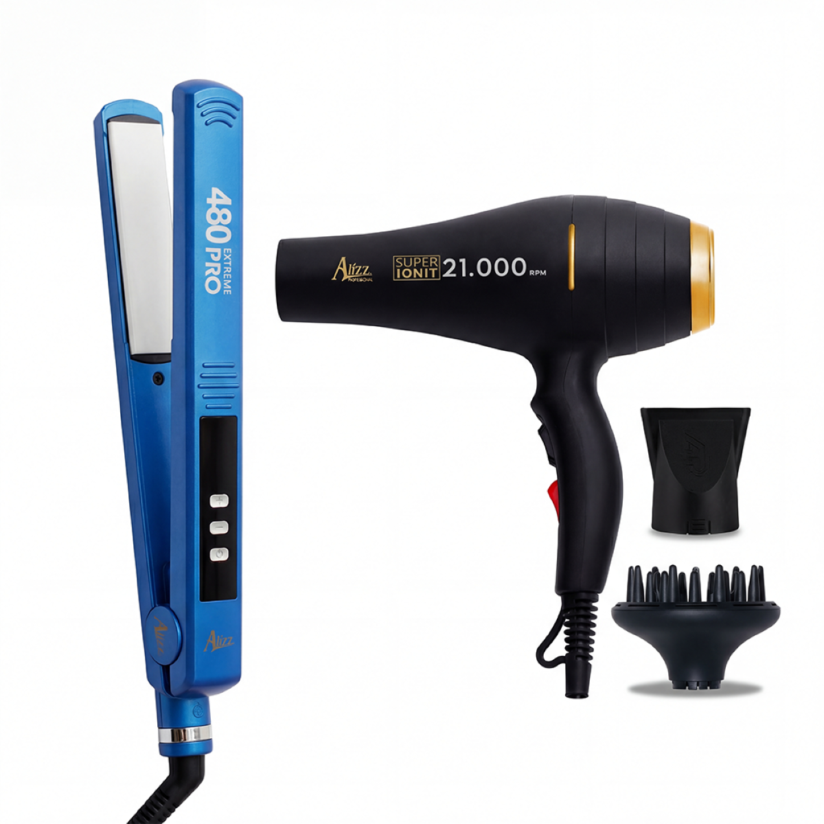 Combo ALIZZ Plancha Cabello 480 Extrem Azul + Secador Super Ionit Negro