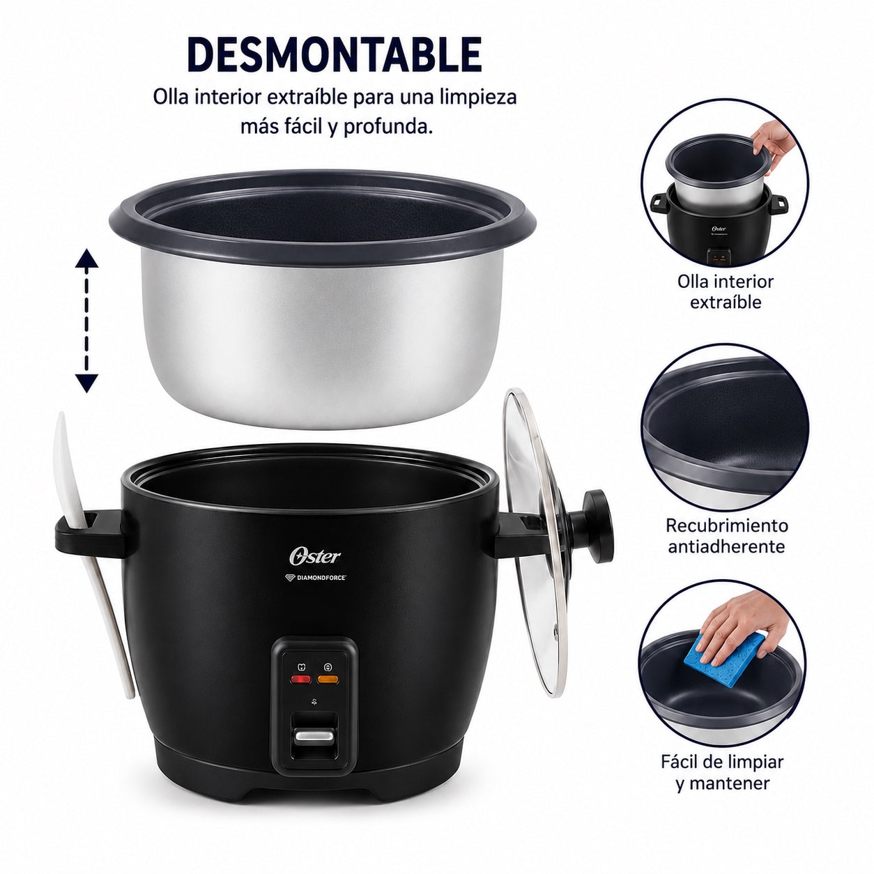 Olla Arrocera OSTER 2212404 7 tazas Diamond Force con tapa de vidrio