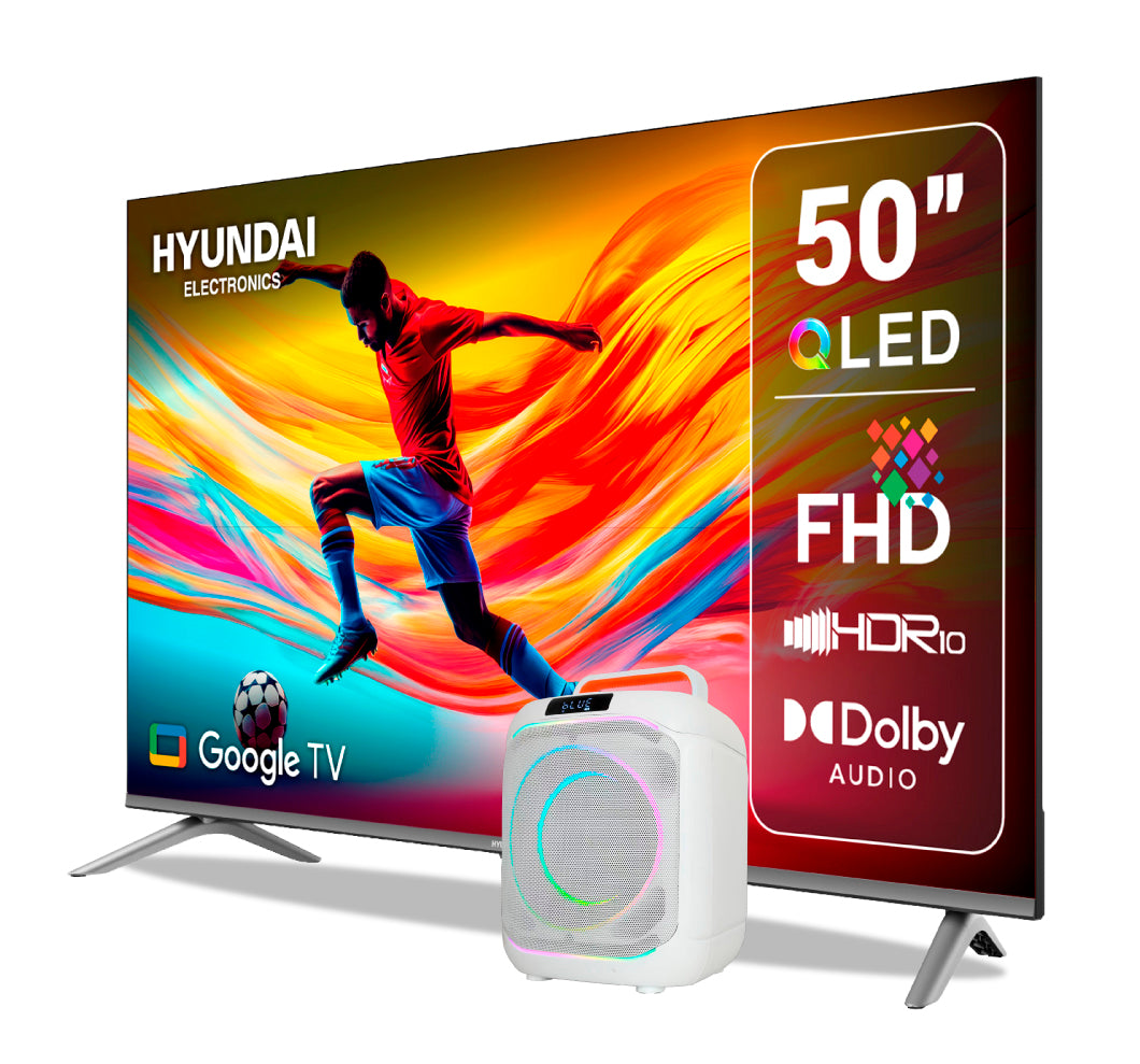 Televisor HYUNDAI 50" HYLED5027QFG FHD Imp Google TV + Parlante FT Atenas Luz Led Bluetooth Blanco